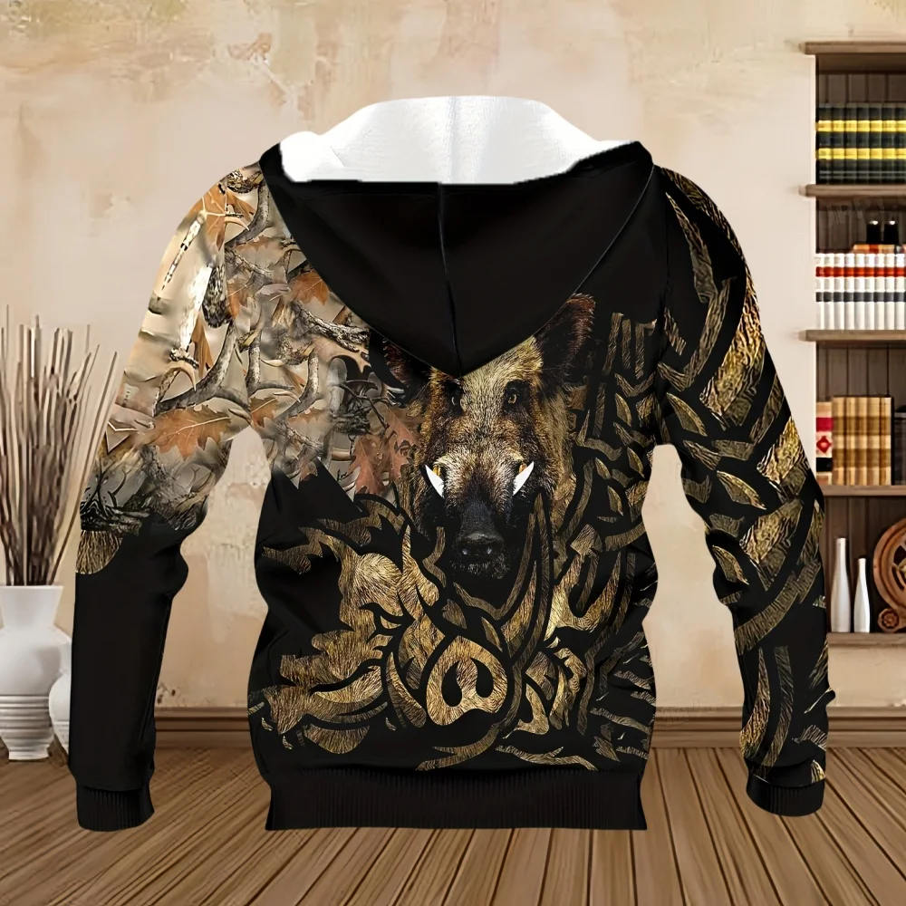 New Sweatshirt Hunting 3D Wild Boar Print Casual Outdoor Sports Kangaroo Pocket Streetwear Men Fall Long Sleeves Men's Clothing