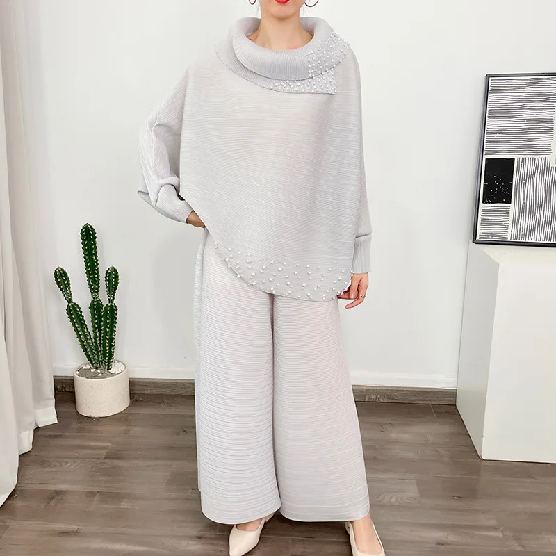 Lily Pleated Set 2024 Spring/Summer New Beaded Polo Collar Long Sleeve Top+Wide Leg Pants Two Piece Set for Westernized Women