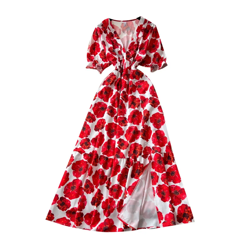 Boho vintage slim ผู้หญิงฤดูร้อน v คอดอกไม้พิมพ์ชุดยาวชายหาด vestido de festa elegant streetwear แยก vestidos