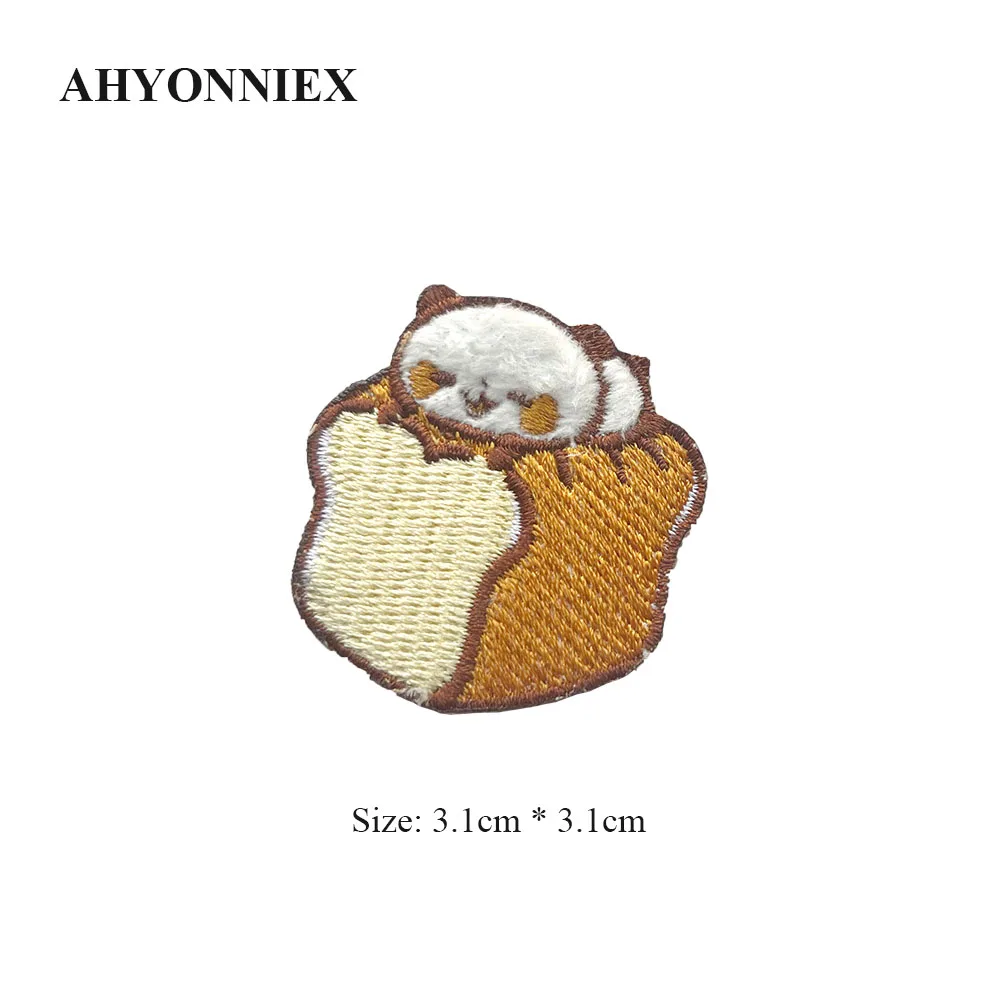 AHYONNIEX Cartoon Embroidery Cat Sleep on Bread Patches For DIY Clothing Iron on Patch with Hot Melt Glue on The Back