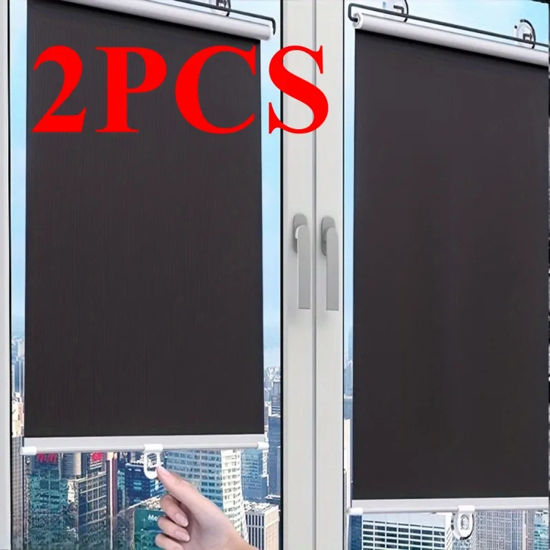 2PCS Retractable Sun Shade Curtains - Hole-Free Window Light-Blocking Shades for Office, Sunroom, Kitchen