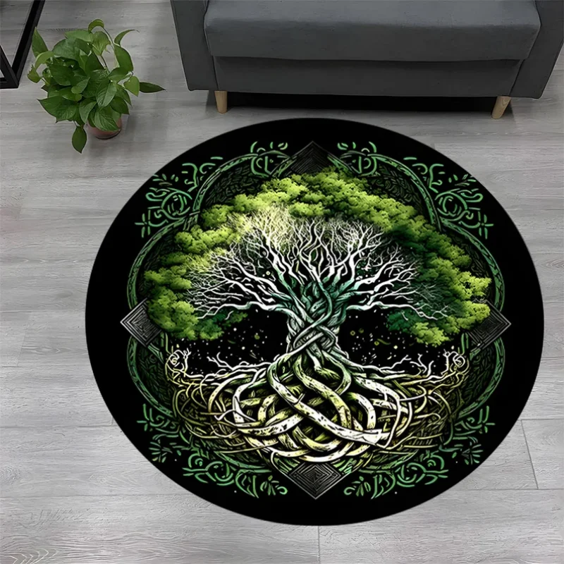 Celtic Knot Green Tree of Life Round Rug Vintage Tribal Ornament Print Non Slip Carpet Boho Living Room Indoor Decor