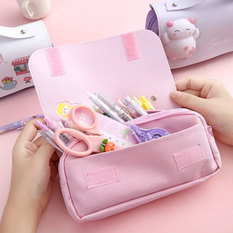 Imagem -03 - Sanrio pu Grande Capacidade Lápis Case Kawaii Cinnamoroll Melody Kuromi Lápis Bolsa Pen Pouch Material de Papelaria Escolar