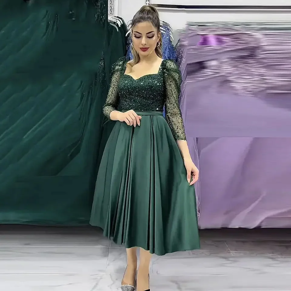 

Flavinke Dark Green Evening Dresses Satin Long Sleeves Sparkly Sequin Beades Prom Gown Wedding Party Dress Vestidos De Noch