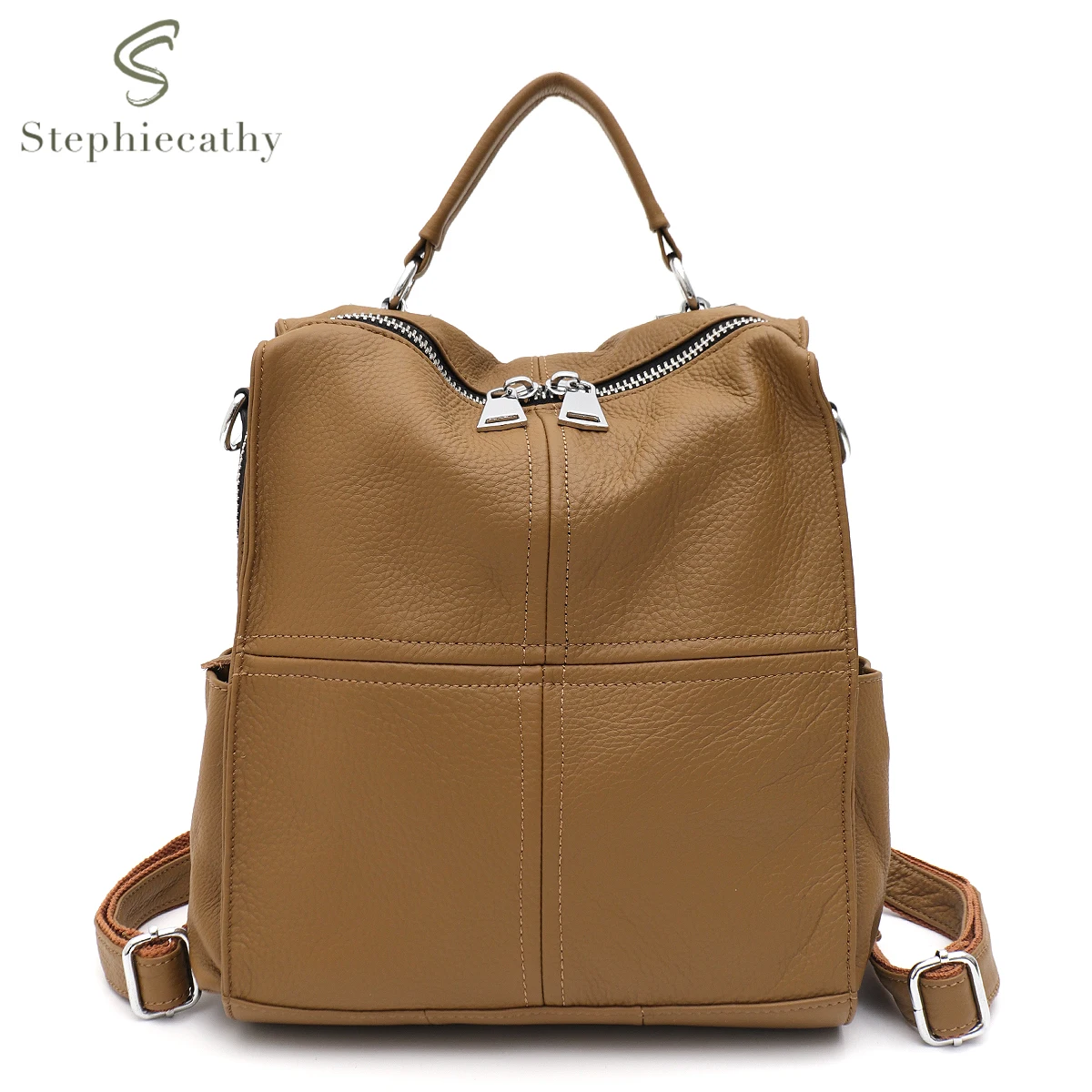 

SC Women Functional Real Leather Backpack Multi Carry Ways Shoulder Bag Large Capacity Square Shaped Casual Travel Bag Knapsack