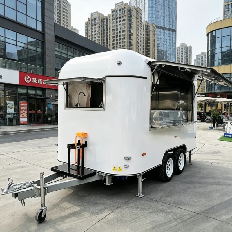 Customized Food Stall Cart Mobile Kitchen with Stainless Steel Counter Refrigerator Sink forPizza BBQ Hot Dog Fast Food Business
