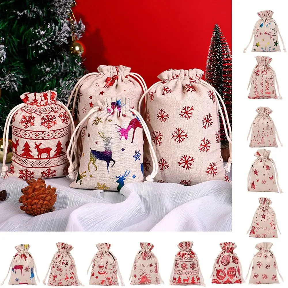 10Pcs Linen Christmas Candy Cotton Bag Hot Gold Santa Claus Christmas Bronzing Gift Bag Printing Elk Christmas Gift Bag Party