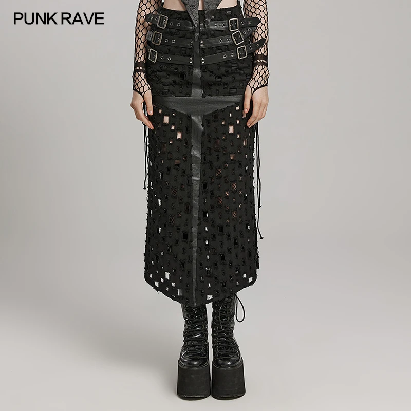 PUNK RAVE Women's Punk Maxi Skirt, Black Cotton PU Elastane Hollowed Out High Waist Slit Skirt WQ687