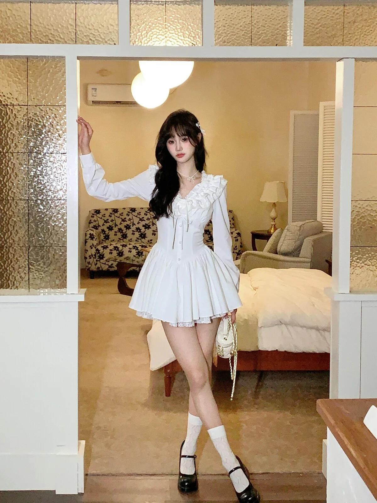 

Юбка-клеш Musefi в корейском стиле с длинными рукавами, V-образным вырезом, кружевной отделкой и пышной талией, из полиэстеровой смеси, для подростков.