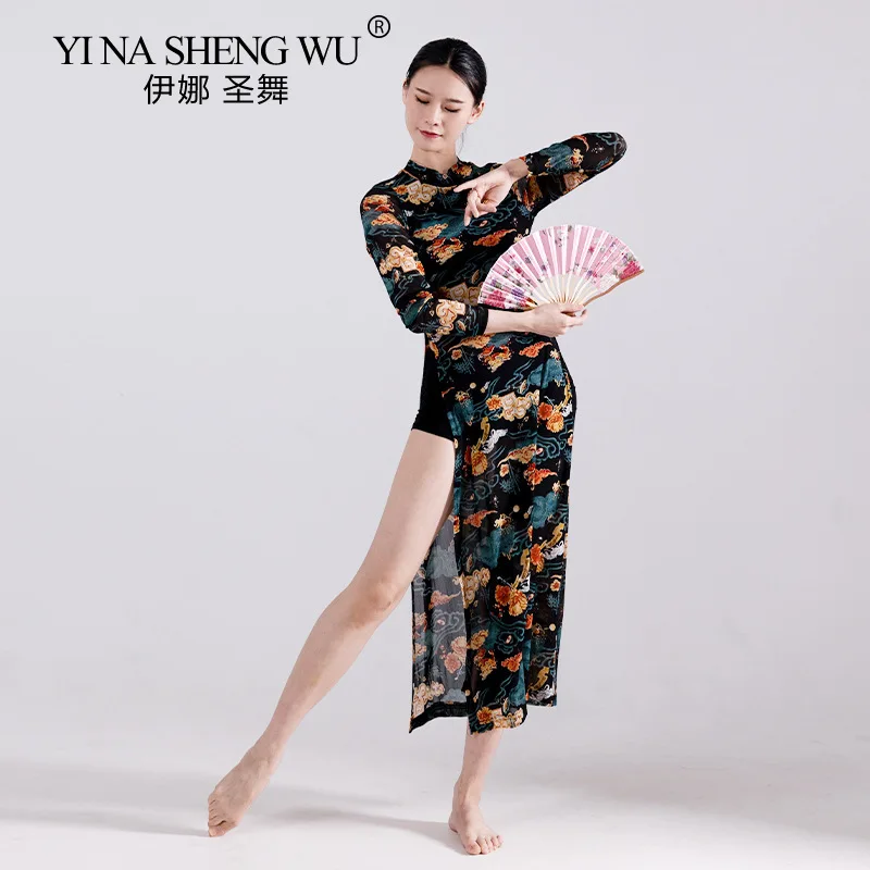 Classical Dance Print Cheongsam Dance Round Neck Elegant Floral Print Long-sleeved Classical Performance Practice Clothes Dress