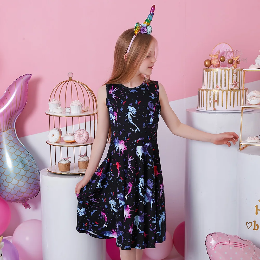 VIKITA Kids Mermaid Butterfly Unicorn Print Dress Kids Summer Sleeveless Vestidos Kids Polyester Beach Vacation Casaul Dresses