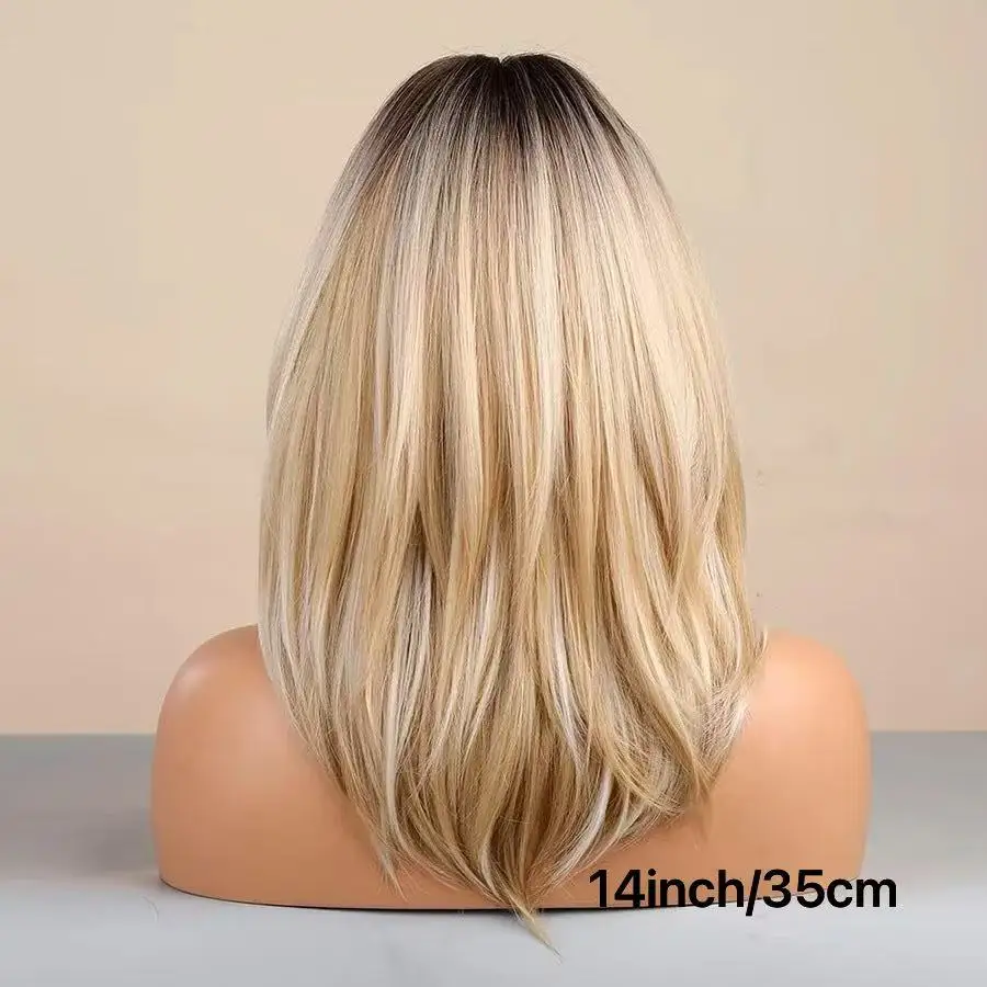 14inch Long Layered Blonde Wigs for Women Synthetic Hair Wig with Bangs Natural Wavy Heat Resistant Wigs for Daily Party Use