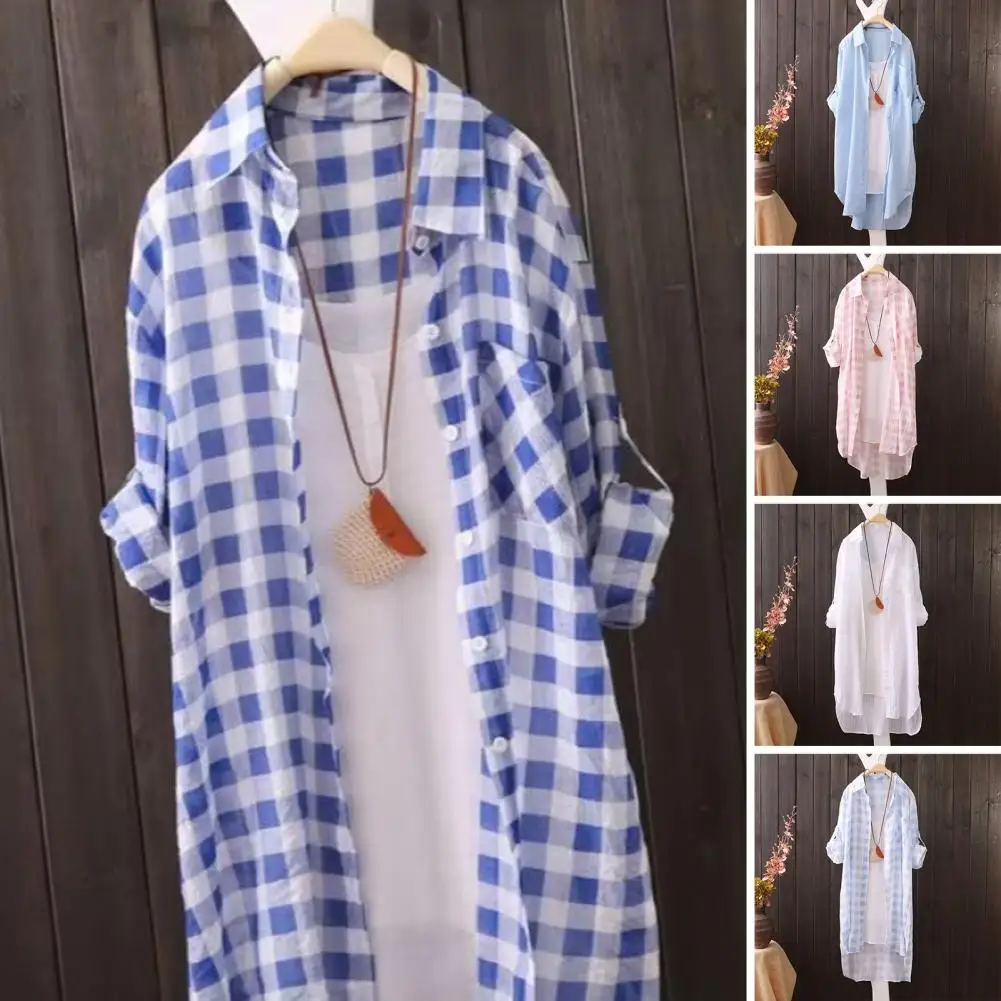 

Women Shirt Stylish Korean Style Women's Plaid Print Long Shirt Irregular Hem Thin Sunscreen Lapel Loose Single-breasted Design