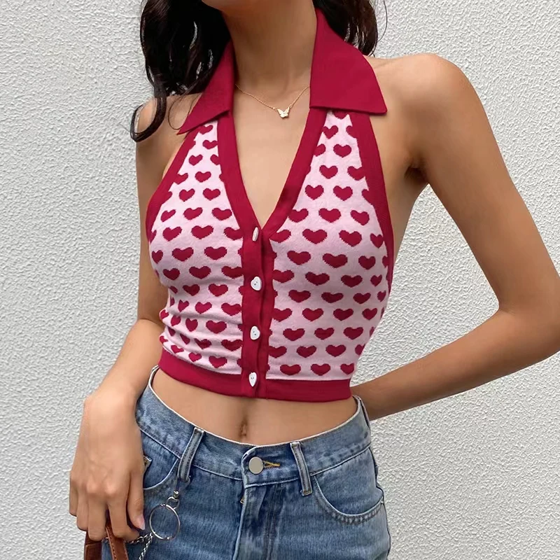 Y2k Heart Halter Vest Teengirl Button Front Sleeveless Collared Crop Top Women's Tanks and Cami Summer Vacation Outfit