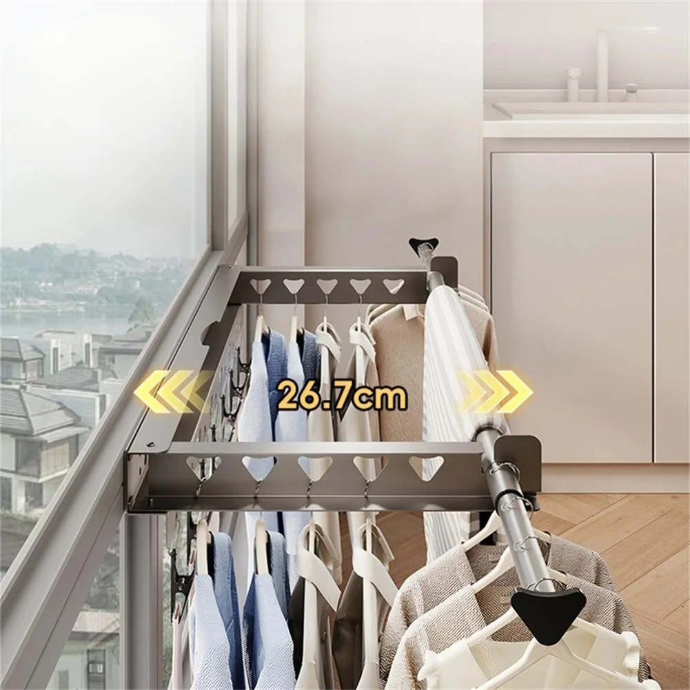 1 Stück einziehbarer Wäscheständer – unsichtbarer faltbarer Kleiderbügel mit 7 Clips für den Innenbereich im Balkon, Wäscherei-Organizer ohne Bohren – Detail 5