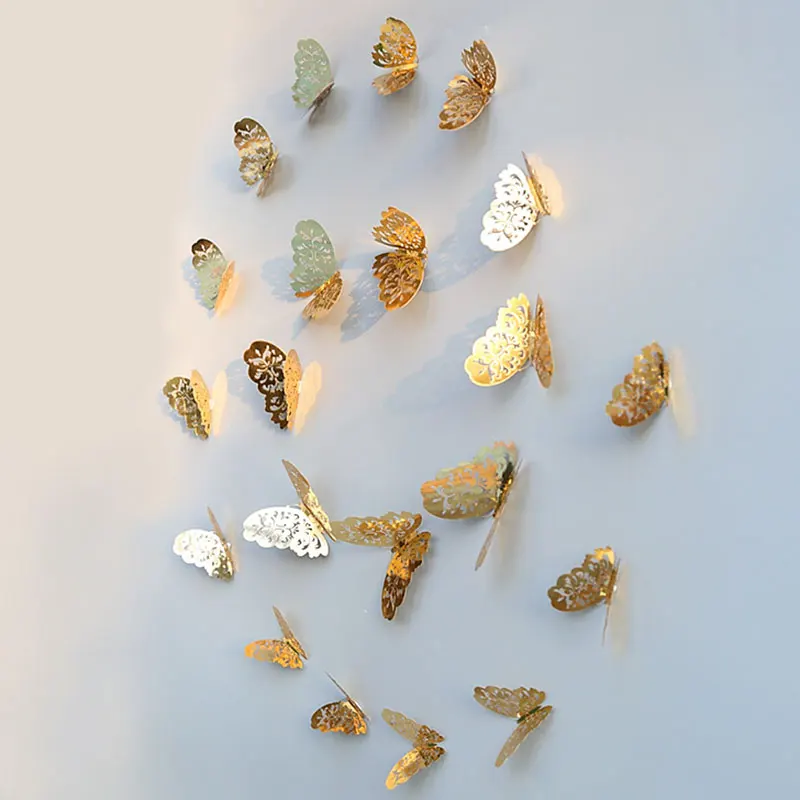 12Pcs/lot 3D Hollow Golden Silver Butterfly Wall Stickers Art Home Decorations Wall Decals for Party Wedding Display Butterflies