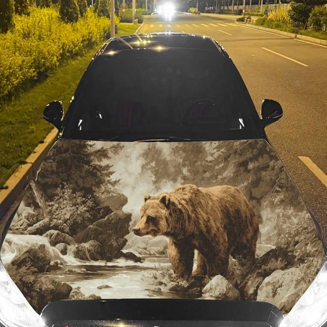Car Decal Bear with Stream-Rocky Terrain Textured Motif in Artistic Wildlife-Majestic Style - Bold Terrestrial Dominant Fantasy