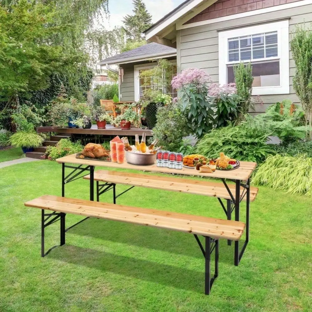 Outdoor Wood Picnic Table Beer Bench Dining Set Folding Wooden Top Patio