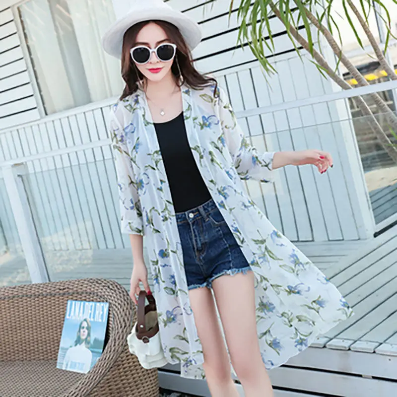 2024 New Sunscreen Clothing Women\'s Long Summer Shawl Thin Coat Chiffon Cardigan Beach UV Protection Coat Women\'s Coat E294