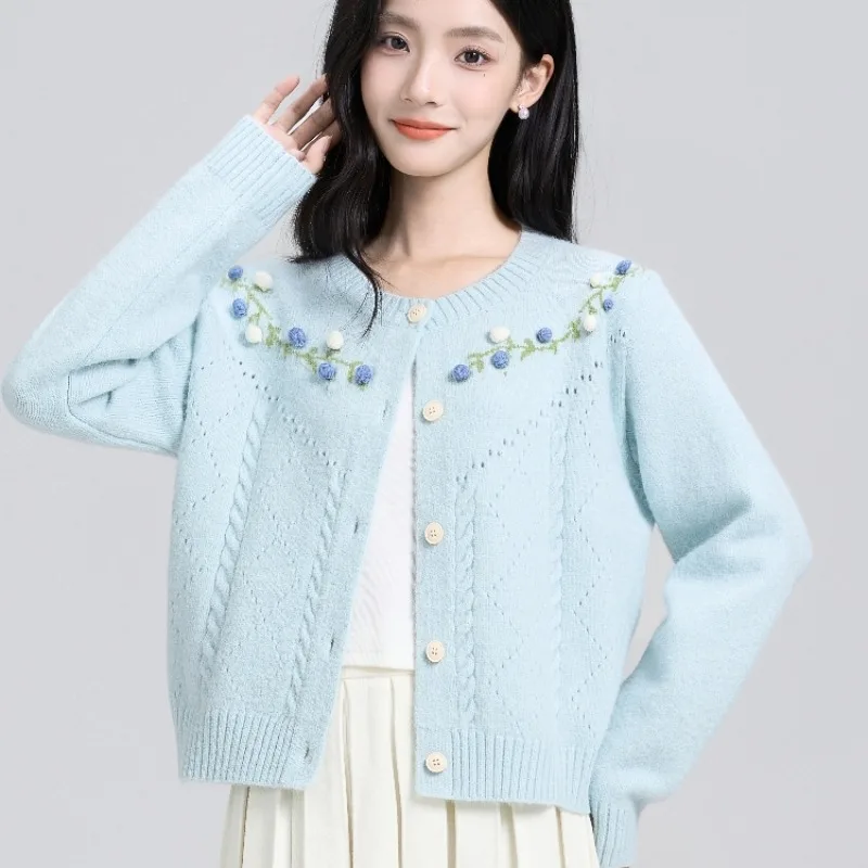 Sueter Feminino الحلو طويلة الأكمام محبوك سترة المرأة بالأزرار جديد س الرقبة متماسكة سترة سترة المرأة بلايز تريكو Q1730