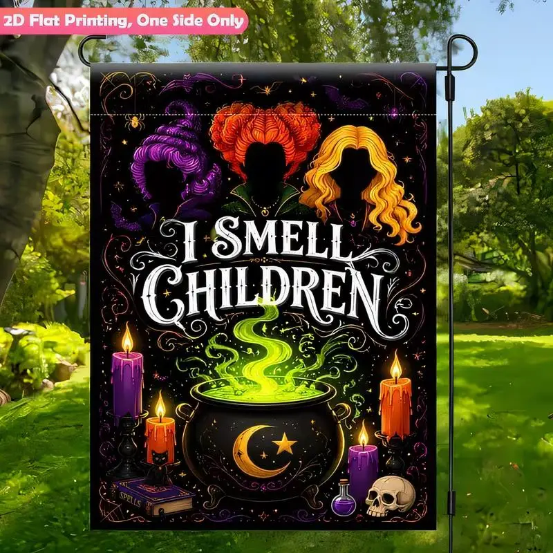 2D Flat Printed I Smell Children Halloween Witch Garden Flag - One Side, Vibrant Witches & Cauldron Design, Black Polyester Flag
