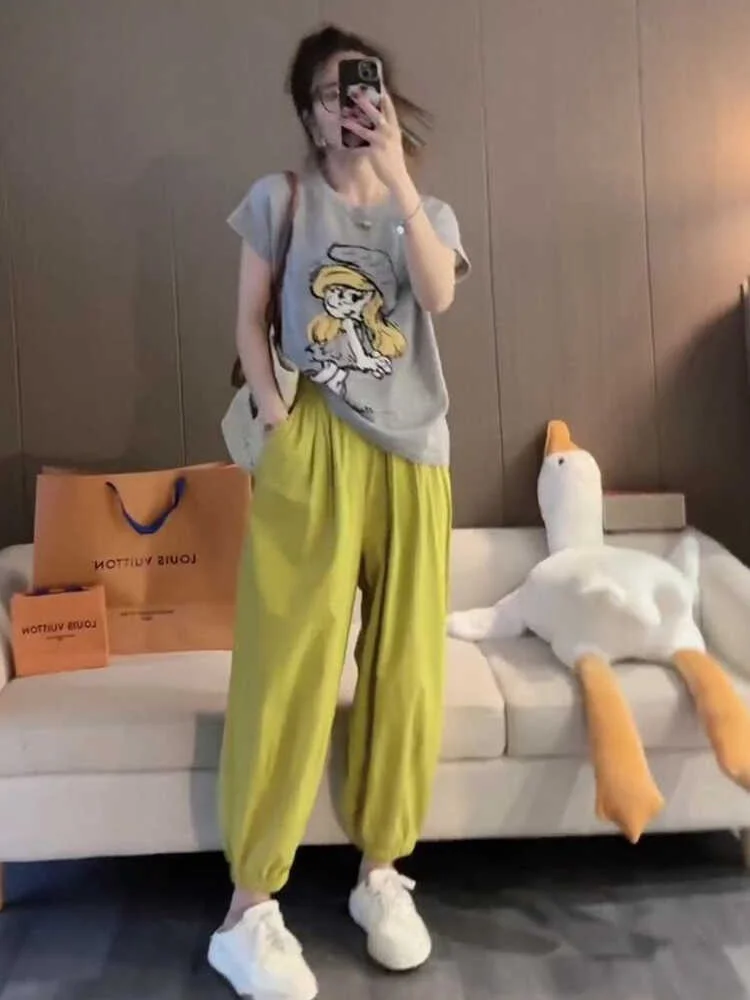 Casual Sporty Women's Set Short Sleeve T-Shirt And Wide Leg Pants Two Piece Suit Summer Collection Comfortable Cotton Blend