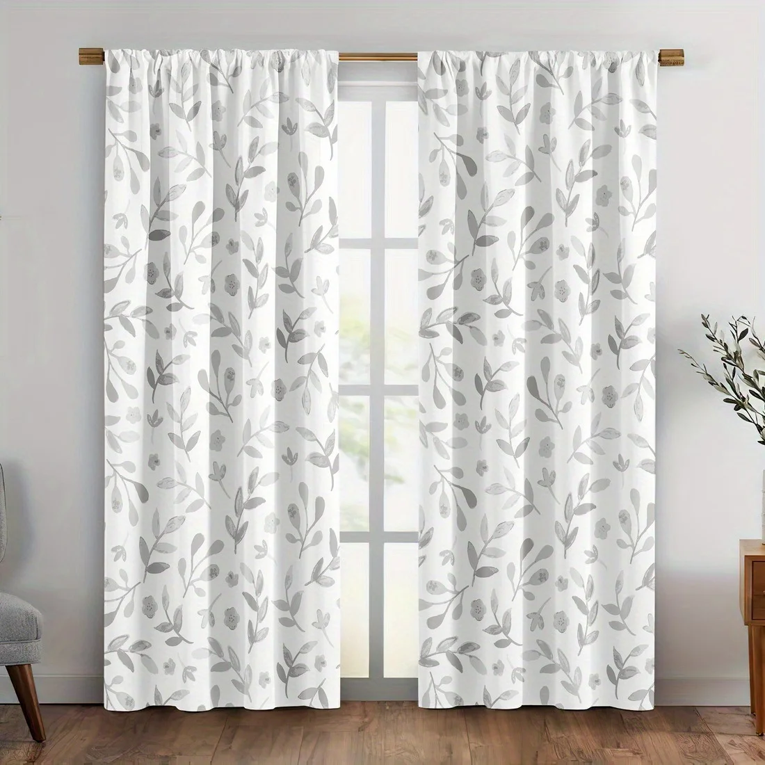 2 Panels Grey Leaf Print Curtains, Simple Floral Polyester Drapes, Nordic Style Window Decor for Living Room