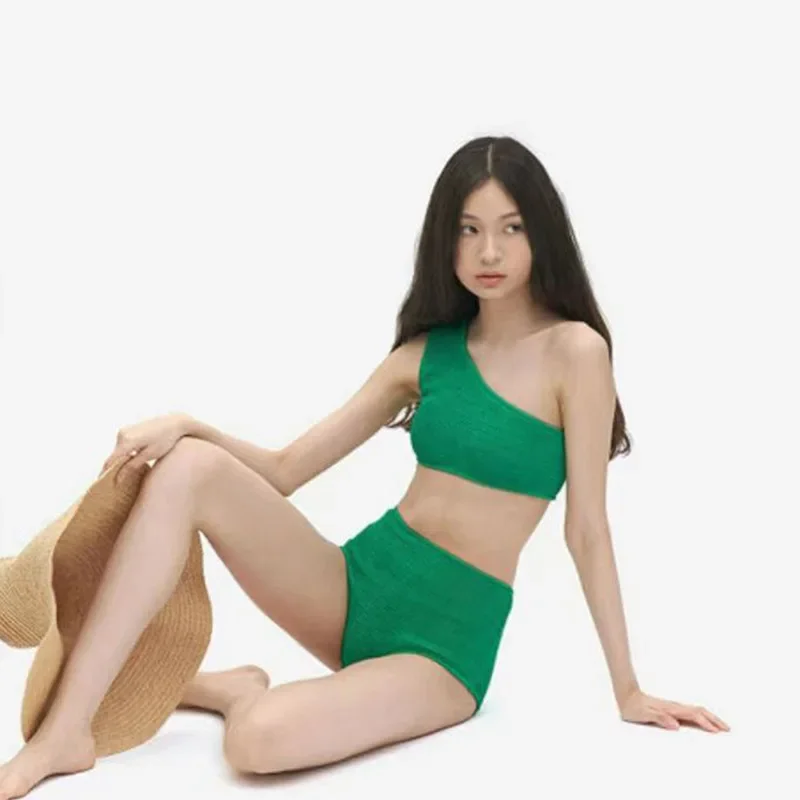 

Зеленый комплект бикини с высокой талией на одно плечо для похудения, консервативный стиль богини для отпуска на горячих источниках, отдельный купальник
