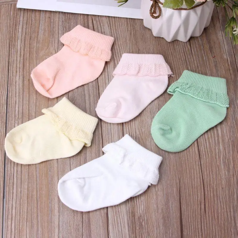 

Toddler Infant Baby Girls Elastic Socks with Ruffled Lace Ribbed Knit Solid Color Non-slip Skin-friendly Stockings 0-1y P31B