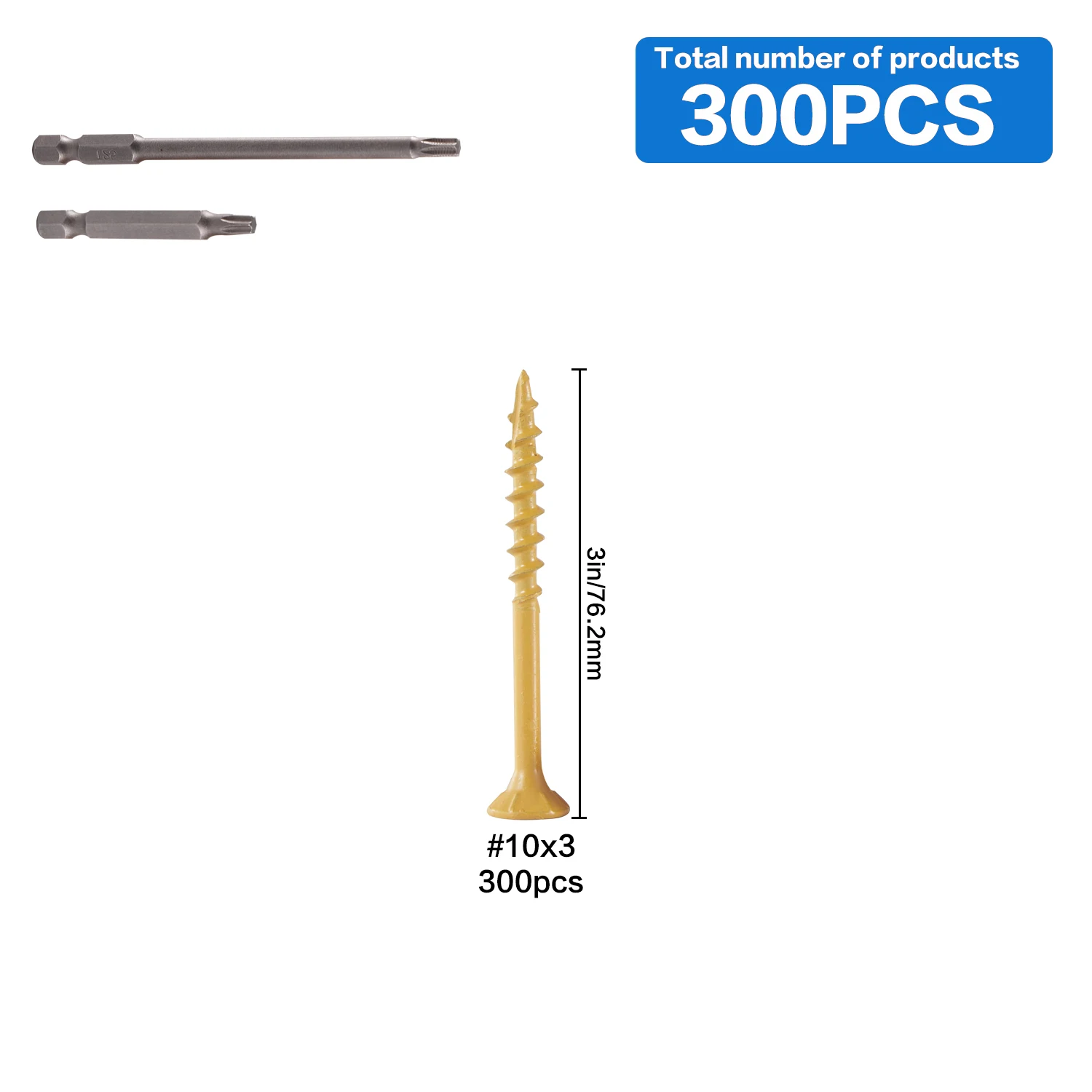 Wood screws #10 x 3, 300 pieces, rust-proof structural screws, yellow exterior fence screws, Torx drive screws, two T25 bits