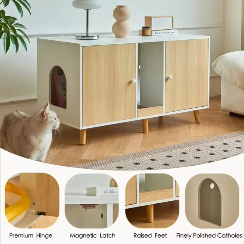 Cute Double Hidden Litter Box Cabinet Indoor Pet House Furniture Modern Wood Cat Toilet 3 In 1 Design Multifunction