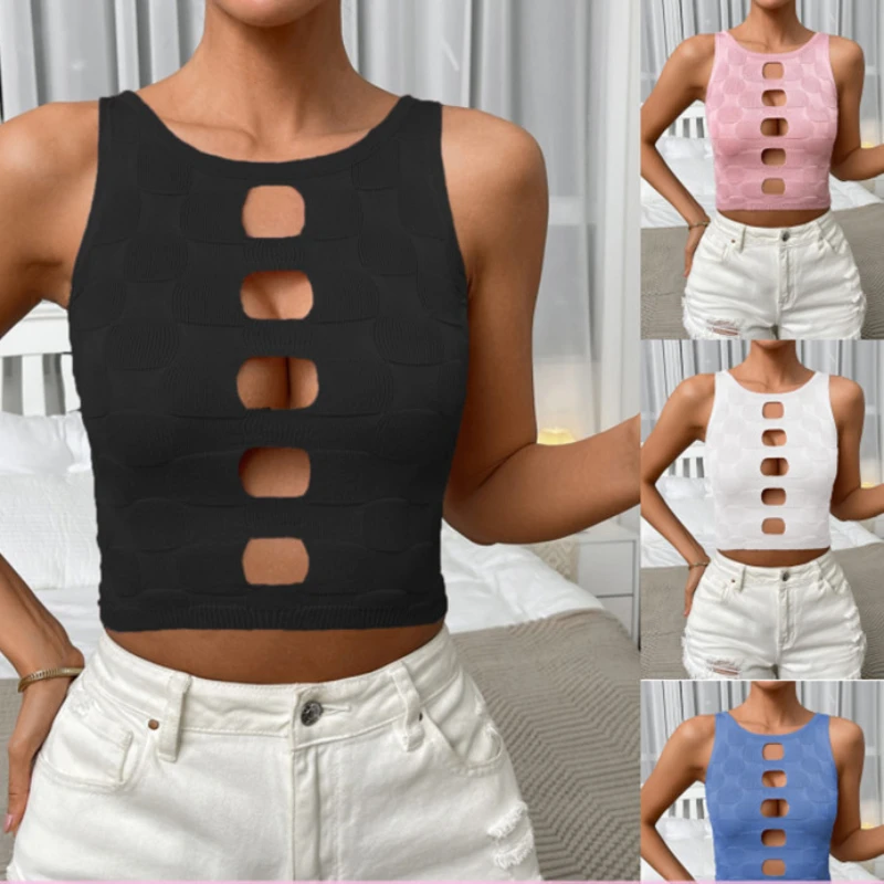 Sexy Hollow Out Knitted Tank Top Women Bare Midriff Halter Crop Tops Off Shoulder Cropped Vest Camisole Female