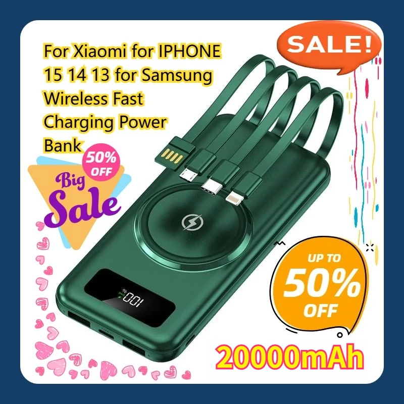 

For Xiaomi for IPHONE 15 14 13 for Samsung (Green,30000mAh) 30000mAh Wireless Fast Charging Power Bank