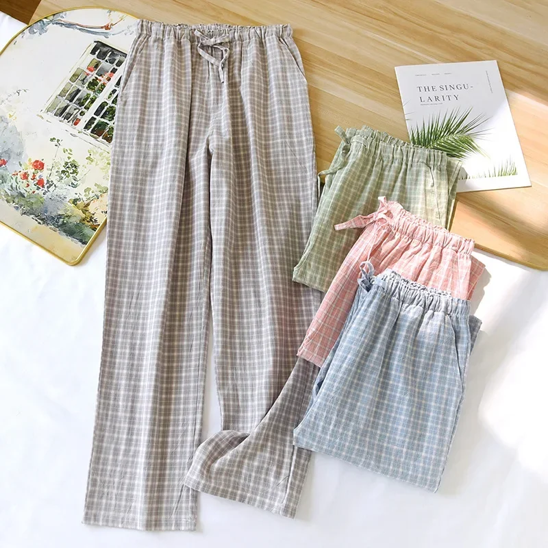 2025 Spring/Summer New Couple Sleeper Pants 100% Cotton Gauze Couple Pants Thin Simple Checkered Home Pants Cute Bottoms