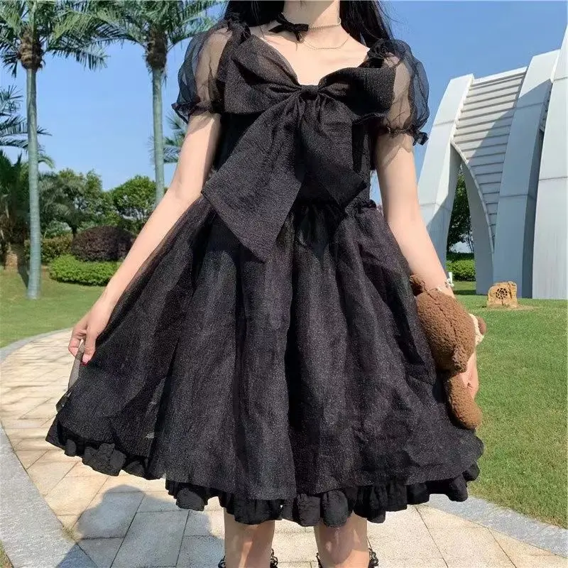 Vestido de baile de gasa con lazo dulce para mujer, vestido Midi elegante, estilo Lolita, cintura acampanada, manga corta, ropa de verano, Color sólido