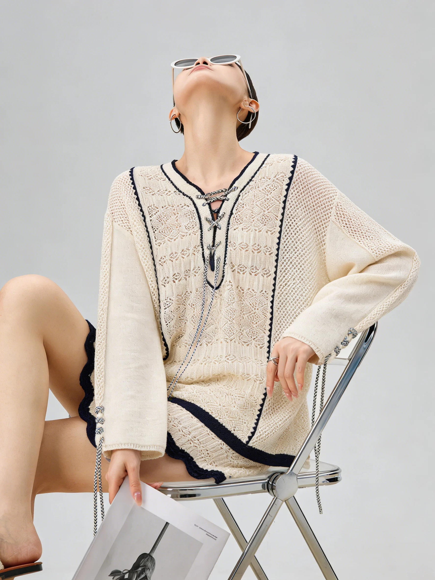 

Milk White Hollow out Hook Flower Tie Top Shorts Two Piece Set Unique Beautiful Spring Summer Women's Fashion Set Casual Style