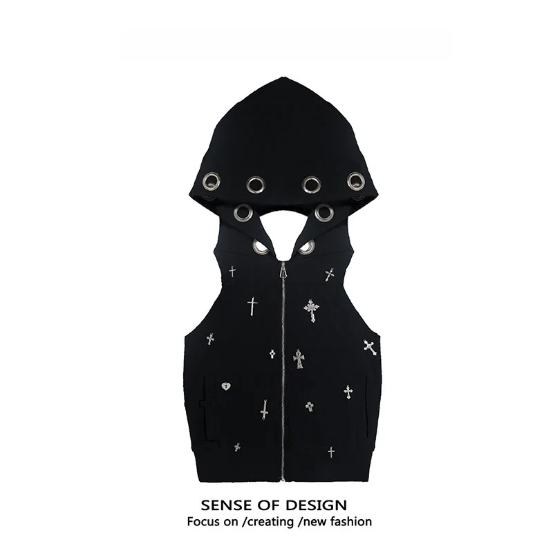 

Y2K Original Punk Cross Eye Hanging Neck Backless Hoodie Sleeveless Sweatshirt Street Style Zipper Short Length Slim Fit Holl...