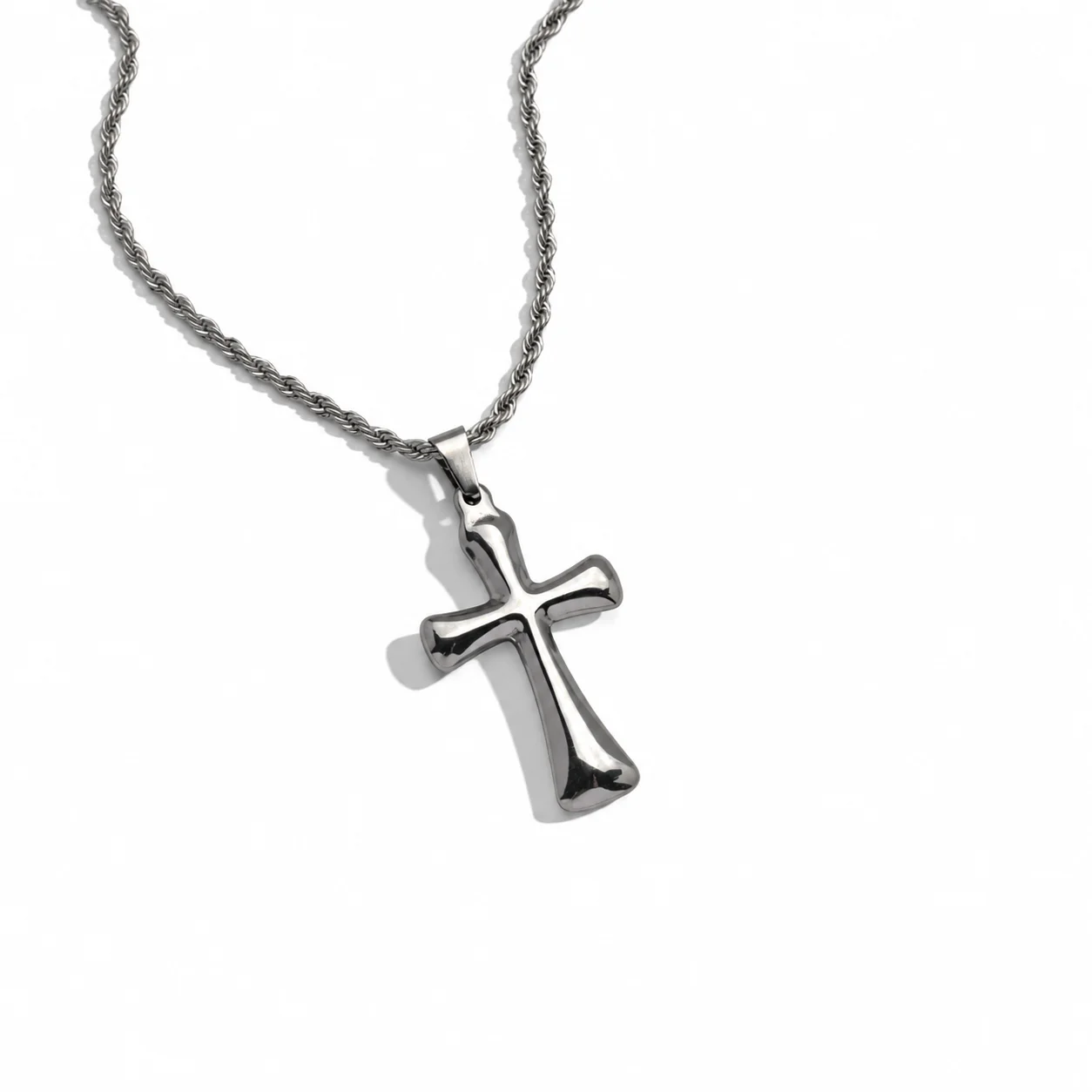 Polished Curved Latin Cross Pendant for Men Stainless Steel Necklaces Rope Chain Waterproof Christian Religious Jewelry Gift