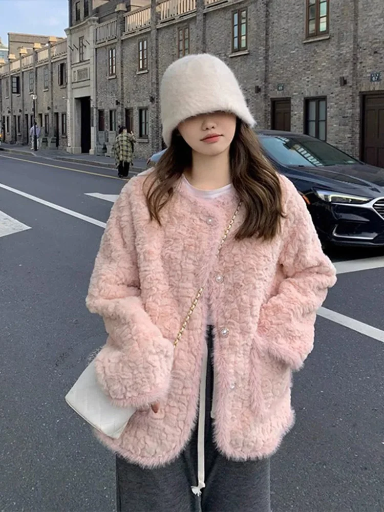 Fur Trimmed Short Padded Jacket Women's Thickened Fluffy Cotton Coat Pink Autumn Winter Fashion Elegant Style Button Closure