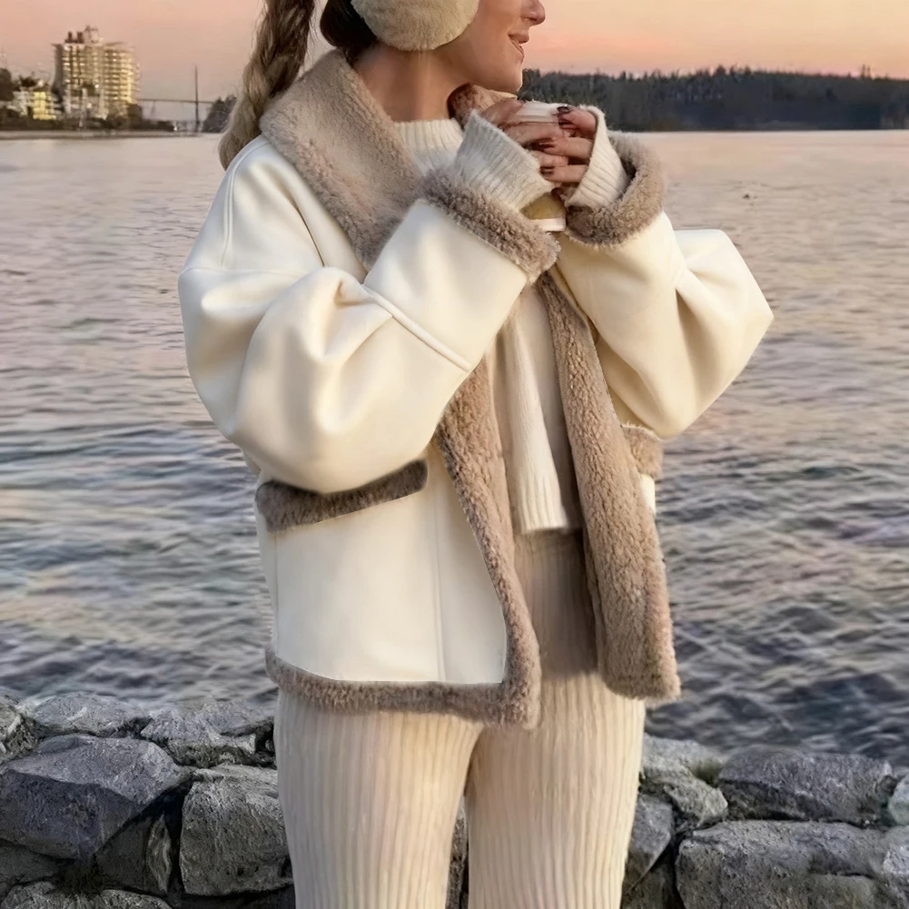 Long Sleeve Winter Fleece Cardigan for Women Plush Warm Outerwear Coat Street Style Jacket for Outdoor Activities