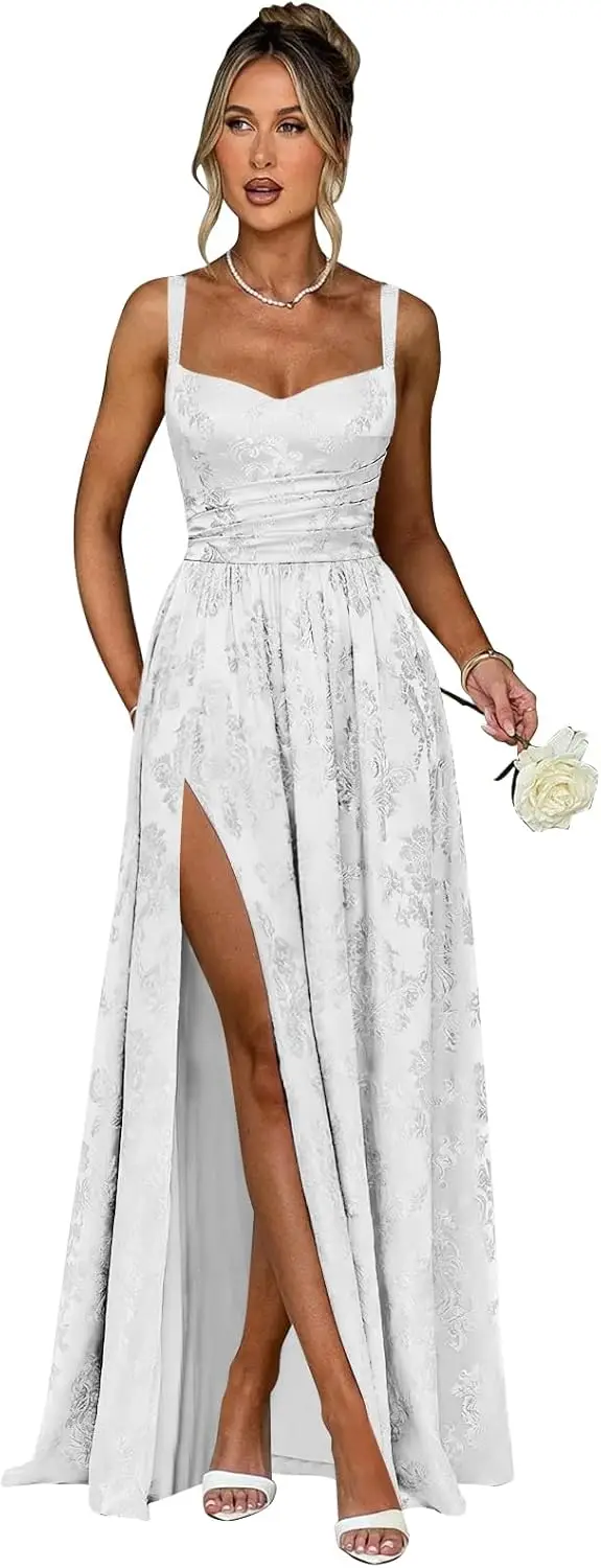 

Party Jacquard Satin Prom Dresses for Women A Line Pleated Maxi Long Formal Evening Dress with Slit Formal Dress Women Elegant