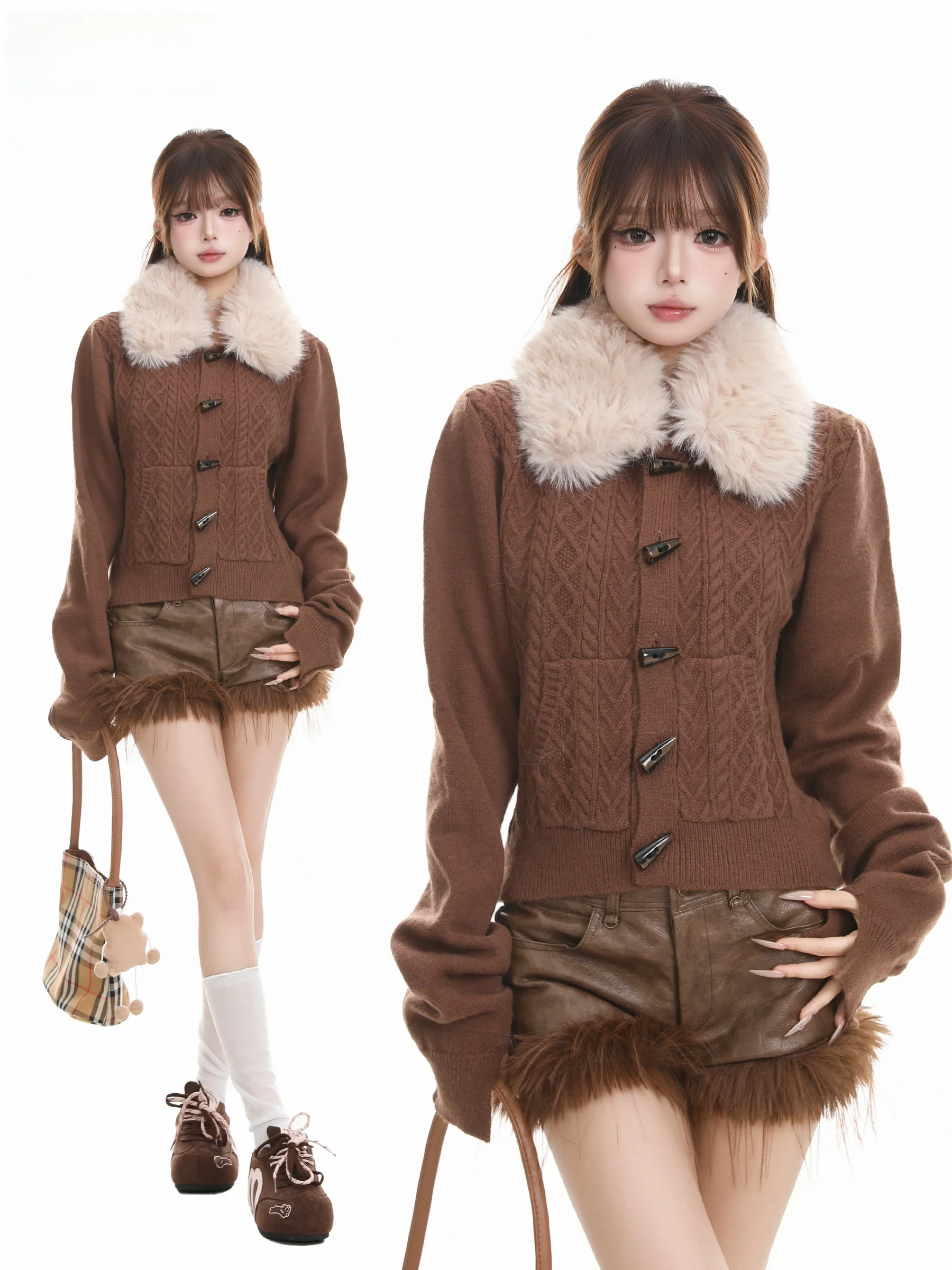 BASTERDS Removable Fur Collar Twist Knit Sweater Women's Autumn Button Cardigan Knitwear Vintage Style Long Sleeve Warmth