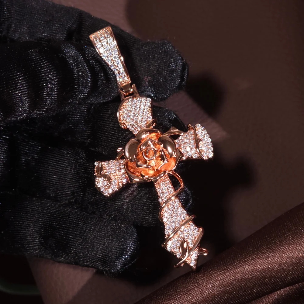 Icec cruz rosa zircônia cúbica pingente gelado cz hiphop charme personalidade colar combinando para rocker rapper moda presente