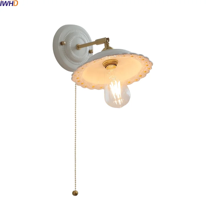 

IWHD Home Decor LED Wall Sconce Lamp Swing Arm White Ceramic Brass Interior Lighting Kids Bedroom Kitchen Stair Light Wandlamp