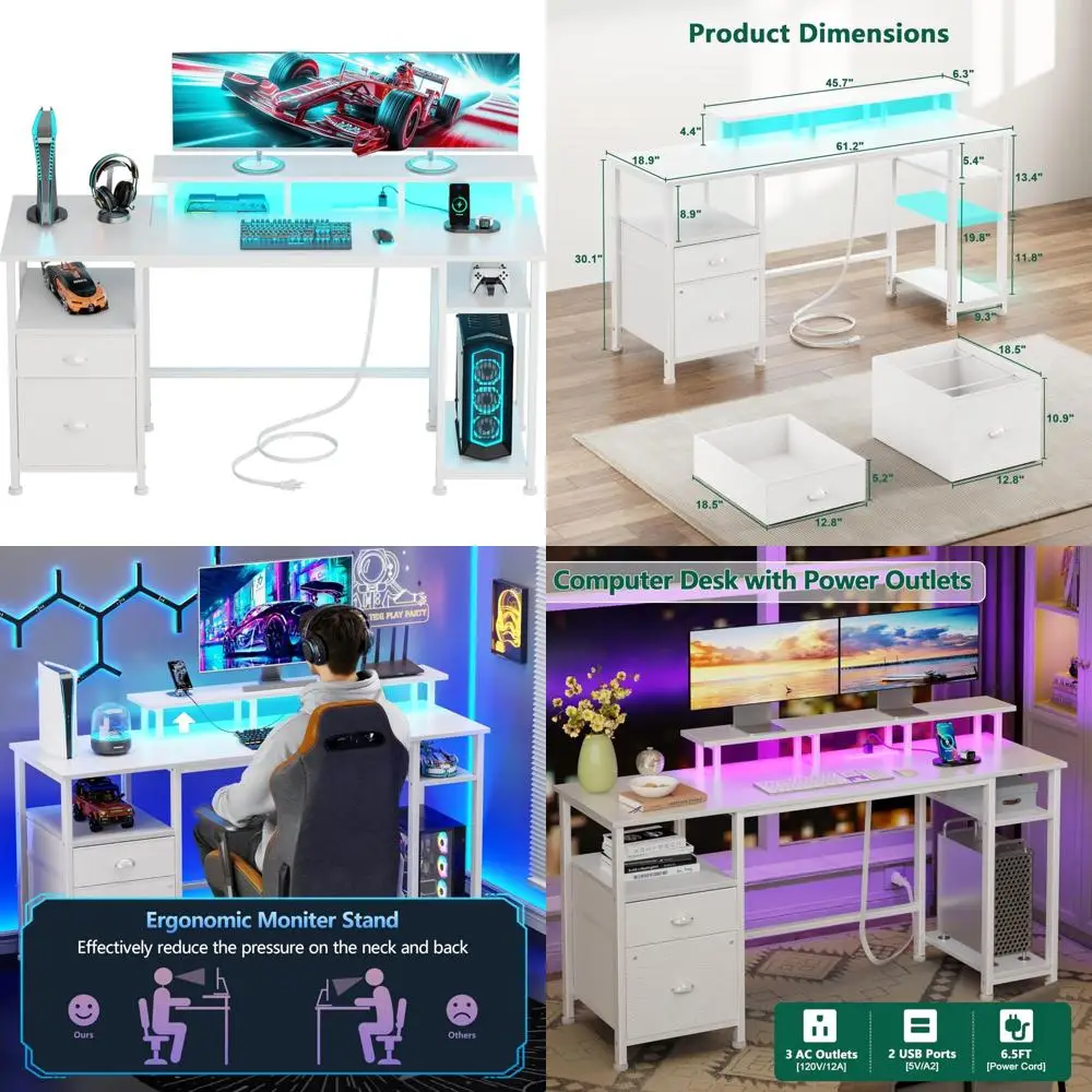 Reversible Gaming Desk with Power Outlet, LED Lights, File Cabinet, and Monitor Stand for Home Office Use