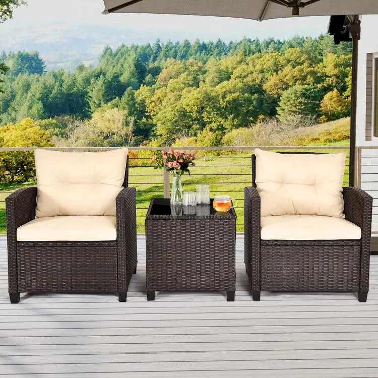 

3 Pieces Patio Rattan Furniture Set with 4 Removable Cushions