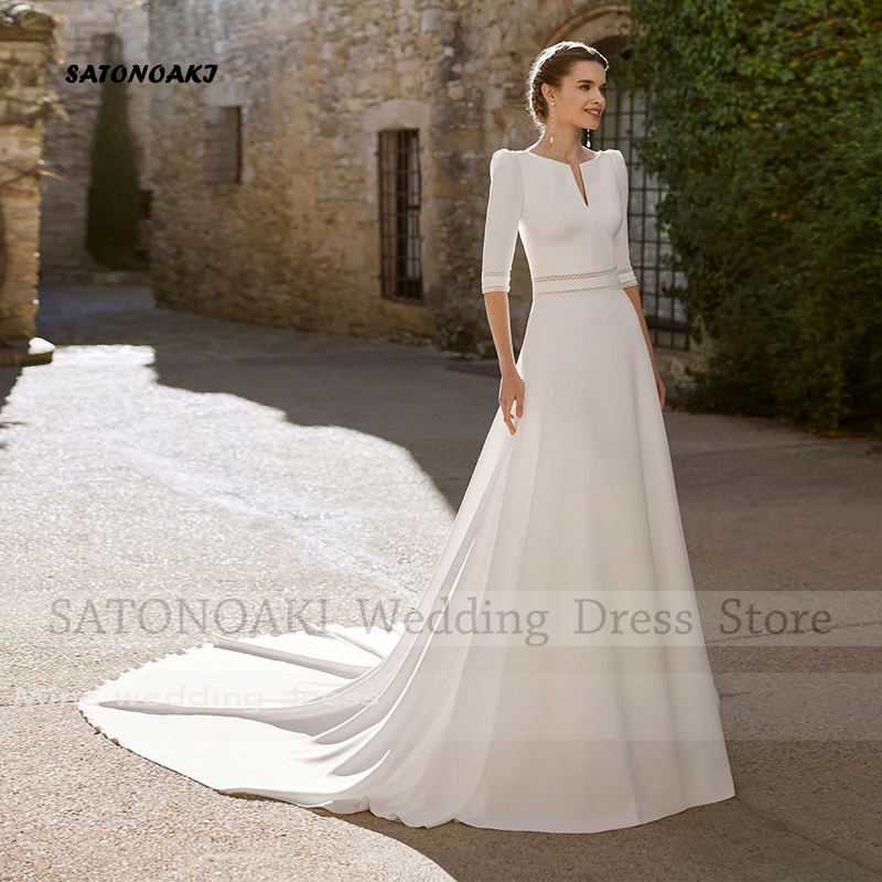 Elegante semplice abito da sposa in raso con scollo tondo per le donne a-line Sweep Train mezze maniche abito da sposa Vestidos De Novia Custom Made