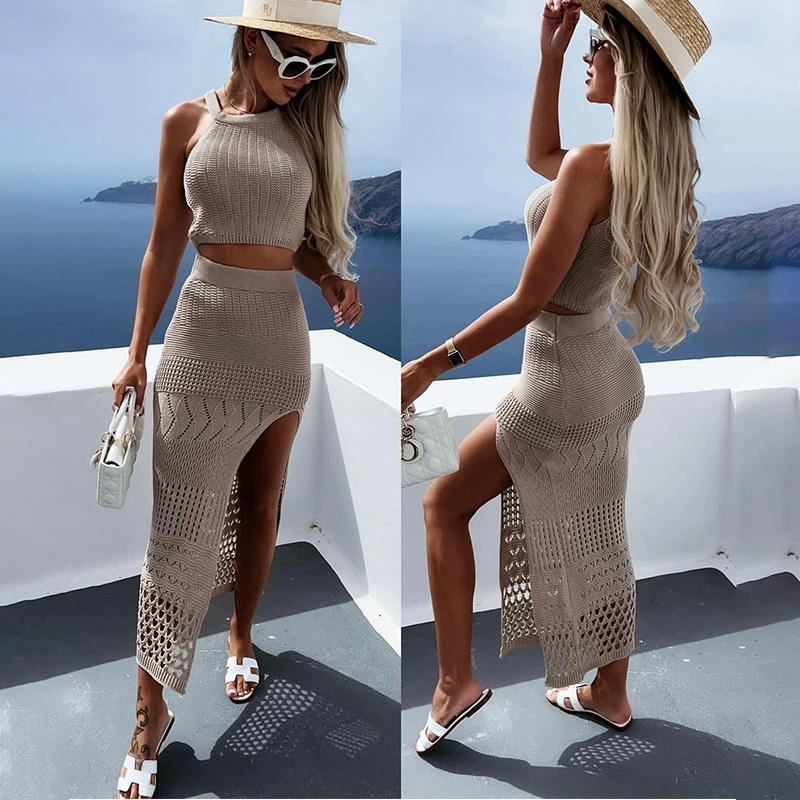 Robe de plage deux pièces en spandex, tenue de vacances pour femmes, jupe fendue courte, couleur unie, nouvelle collection été 2023