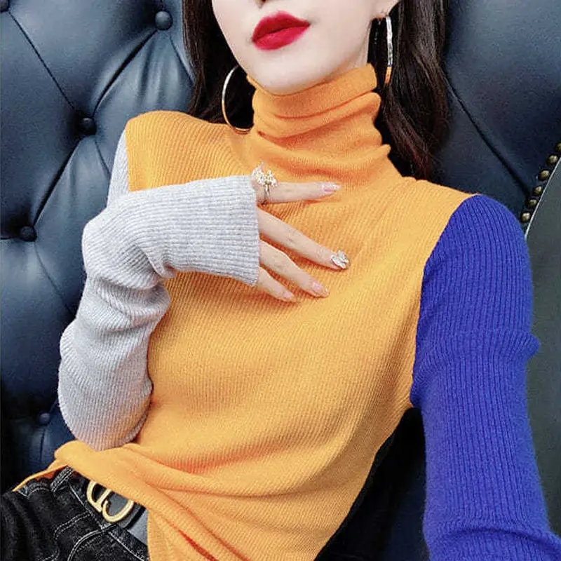 Fashion Turtleneck Long Sleeve Knitted Spliced Color Sweater Women\'s Clothing 2022 Autumn New Loose Casual Pullovers Korean Tops