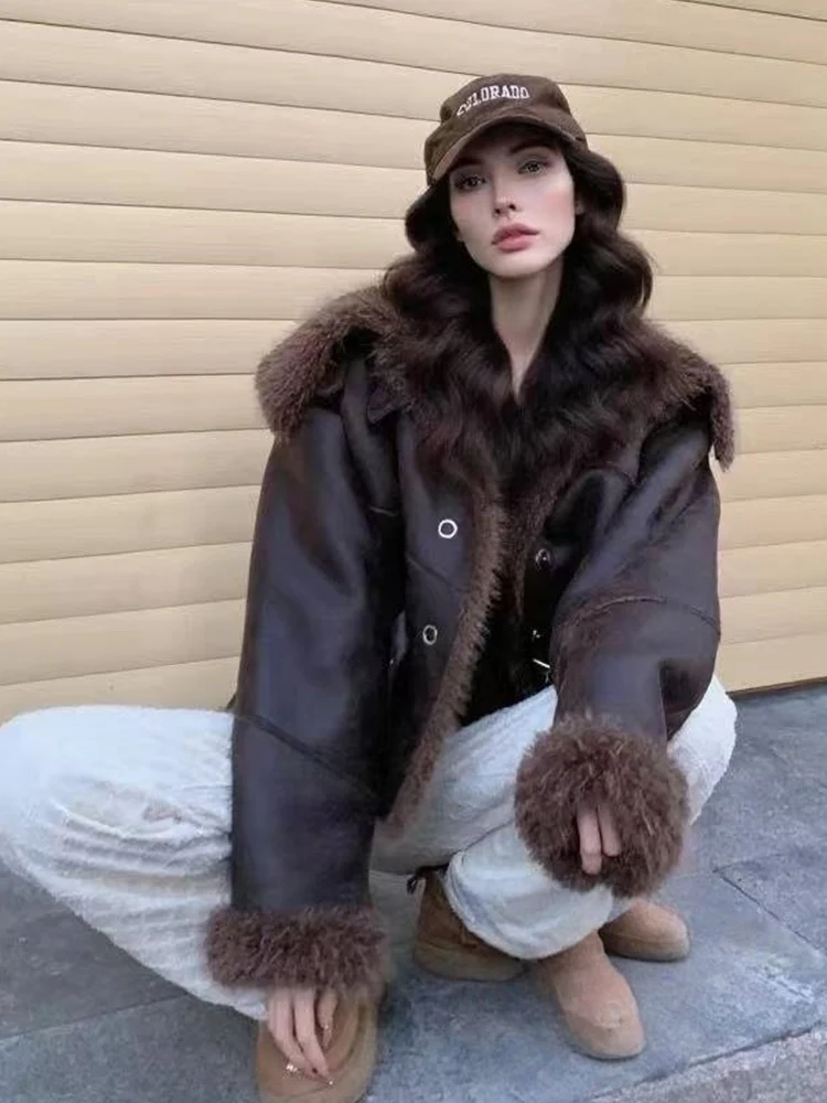 

TFMLN осенне-зимняя женская куртка из искусственной кожи ягненка, повседневная женская толстая теплая мотоциклетная свободная верхняя одежда с лацканами, новая уличная одежда